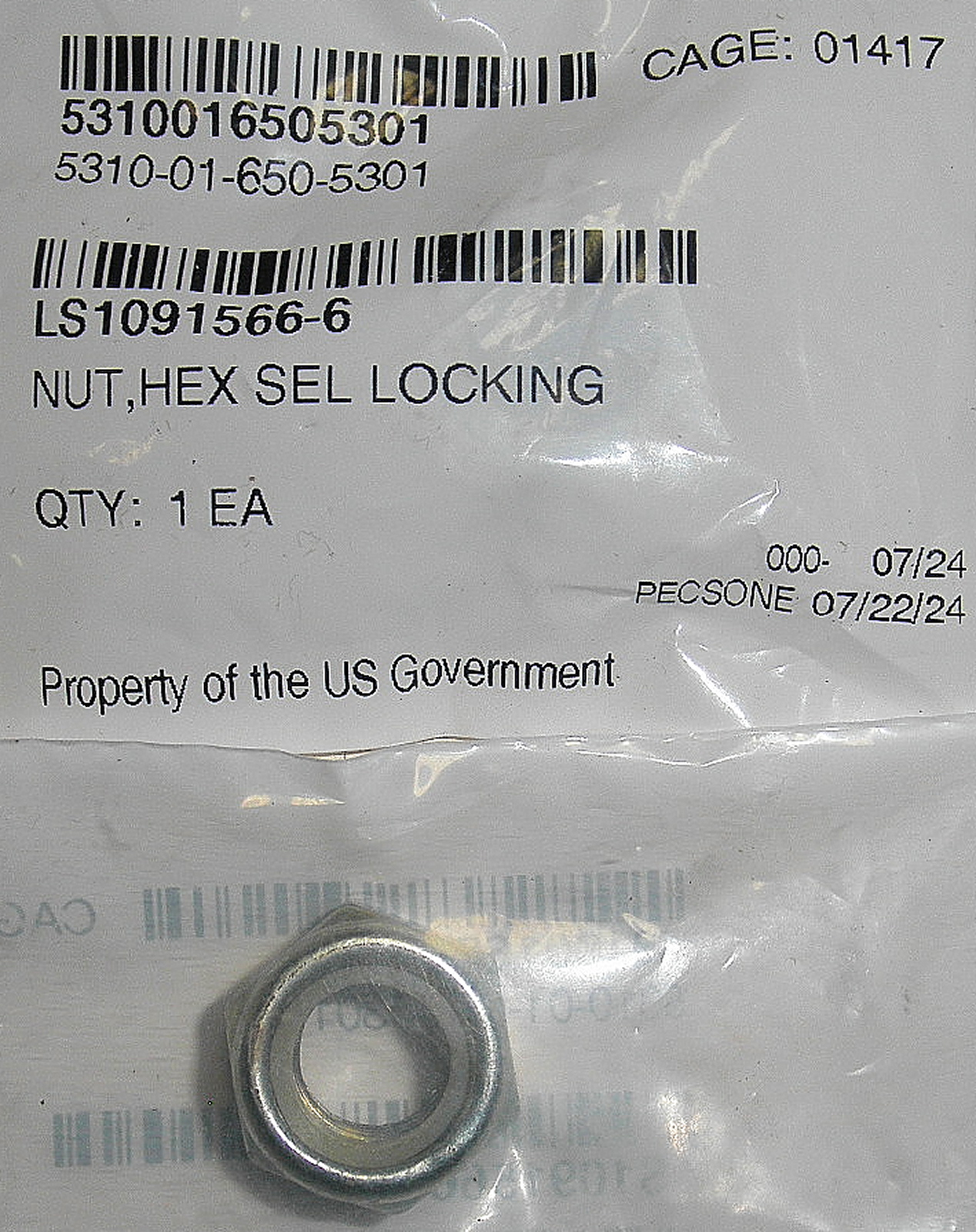 5310-01-650-5301 LS1091566-6 Nut, Self-Locking, Hexagon L2C7A