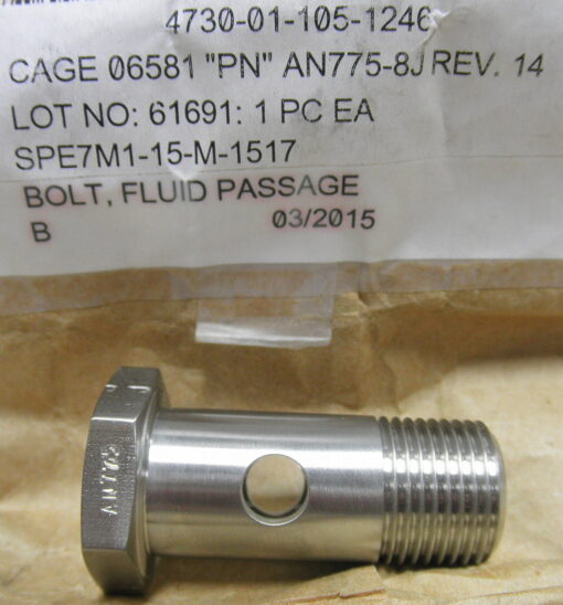 4730-01-105-1246 AN775-8J REV.14 Bolt, Fluid Passage C-130 AN775 Banjo Bolt C3D3A + Unassigned