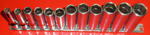 212SFSMY Snap-on 12 pc 3/8" 6-Point Metric Flank Drive® Deep Socket Set (8-19 mm) 5120-01-429-3605 ***READ*** Used; light wear; light scratches in chrome; a little dirty. Contains 1 ea chrome plated; 6 point; 3/8 in. female sq drive; deepwell; metric sizes 8, 9, 10, 11, 12, 13, 14, 15, 16, 17, 18 and 19MM Includes SFSM8 SFSM9 SFSM10 SFSM11 SFSM12 SFSM13 SFSM14 SFSM15 SFSM16 SFSM17 SFSM18 SFSM19 and socket rail. 8-19mm. GTBD6