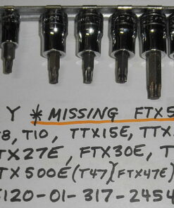 212EFTXY Snap-on 11Pc TORX® Bit Socket Set (T8-T25, T27-T47) **READ** 11 of 12 pieces, missing FTX55E. Used; light oxidation from damp storage. Includes T8 T10 TTX15E TTX20E TTX25E FTX27E FTX30E T40 T45 FTX500E (T47 size) FTX50E and socket rail. 5120-01-317-2454 GTBD12