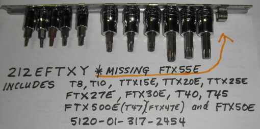 212EFTXY Snap-on 11Pc TORX® Bit Socket Set (T8-T25, T27-T47) **READ** 11 of 12 pieces, missing FTX55E. Used; light oxidation from damp storage. Includes T8 T10 TTX15E TTX20E TTX25E FTX27E FTX30E T40 T45 FTX500E (T47 size) FTX50E and socket rail. 5120-01-317-2454 GTBD12