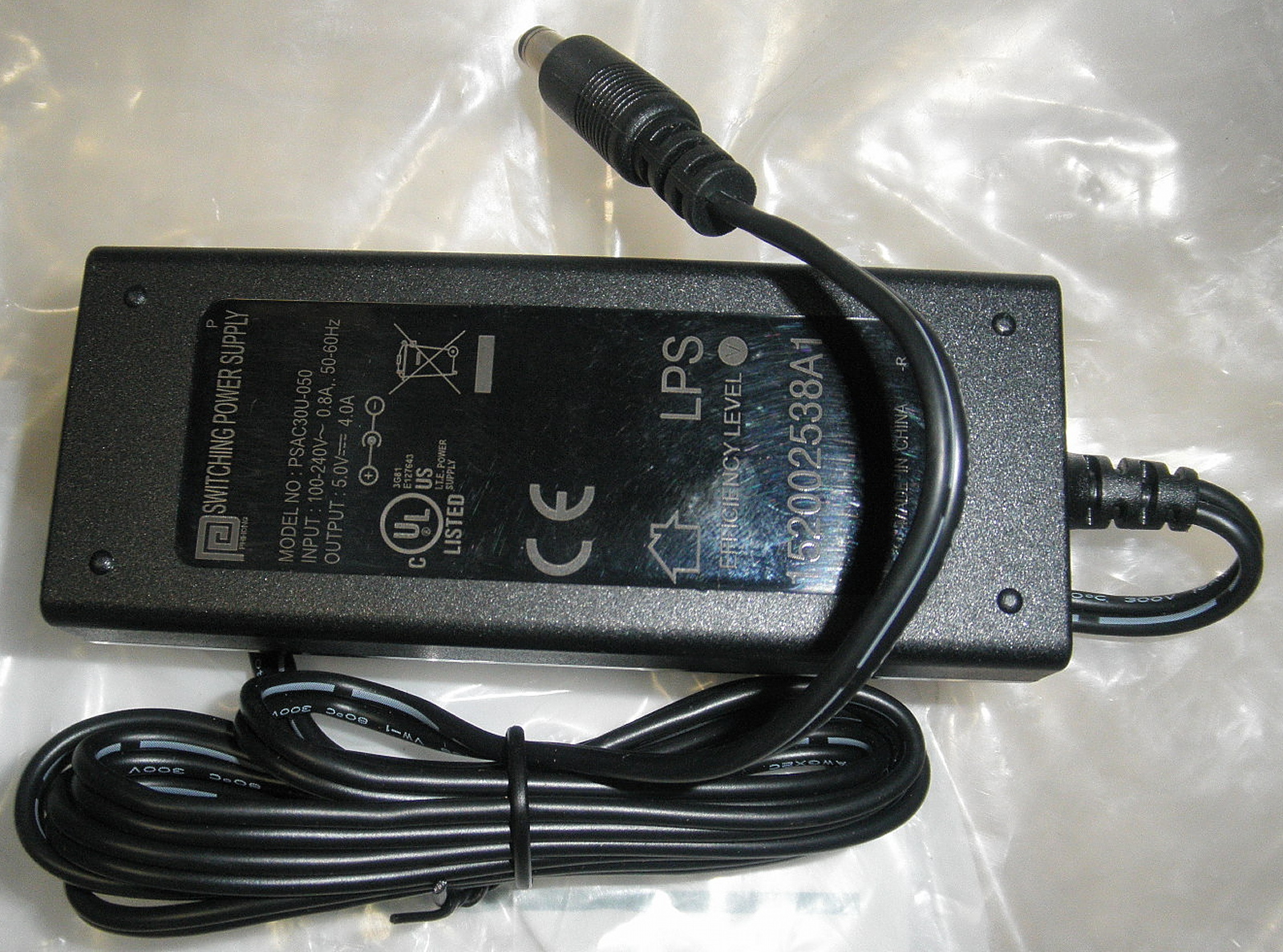 PSAC30U-050 Phiphong Switching Power Supply. 3-Wire Input Desktop Adapter Meets Ecodesign and EISA Requirements. Model PSAC30U-050. DC Output Voltage 5V. Load Min. 0A Max 4.00A. Ripple 70mv, Output Power 20W C5D2