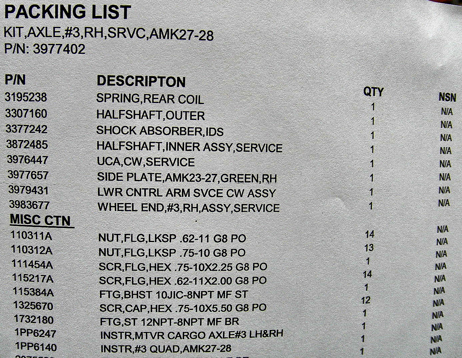 2520-01-609-1421 3977402 Service Kit, Axle #3 RH REV A MK27-28 Axle Assembly - Image 3