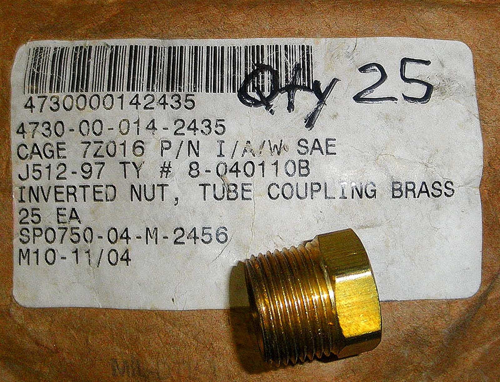 Qty 25 Inverted Flare Coupling Nut. 1/2" Tube x MNPS. NSN 4730-00-014-2435. 100X8 41IF-8 SAE J512 8-040110B Cummins 142435 Inverted nut, Tube Coupling C2D6