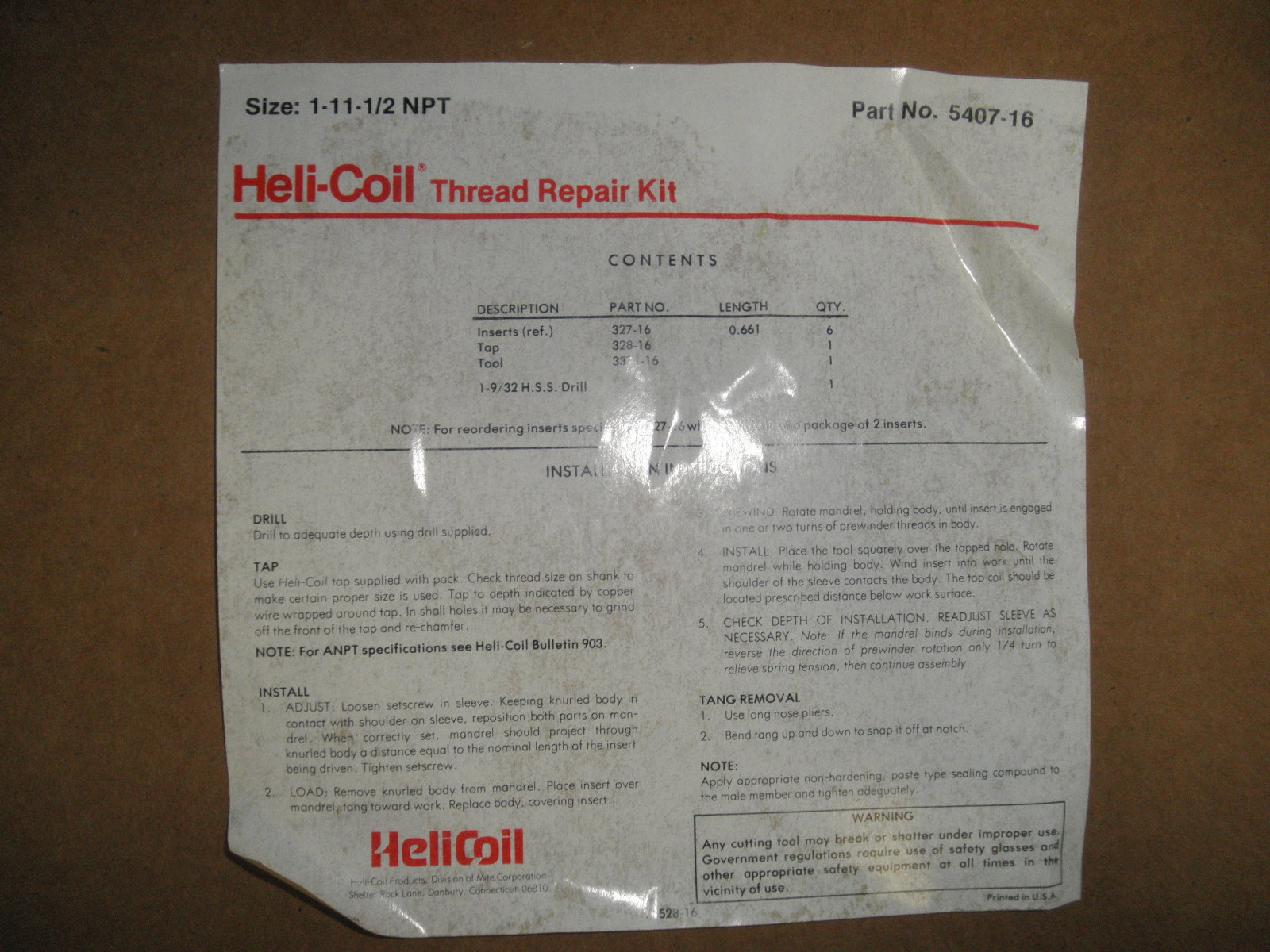 Heli Coil Master Thread Repair Kit 1-11 1/2 NPT M22860 5407-16 - Image 3